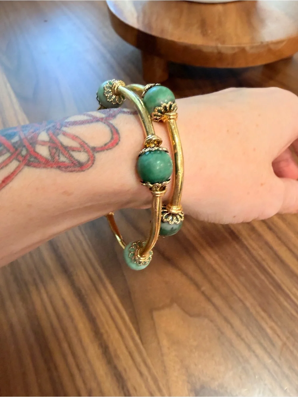 RARE HTF VTG Sezane Sally Bracelet Green and Gold Tone Marbled Stone